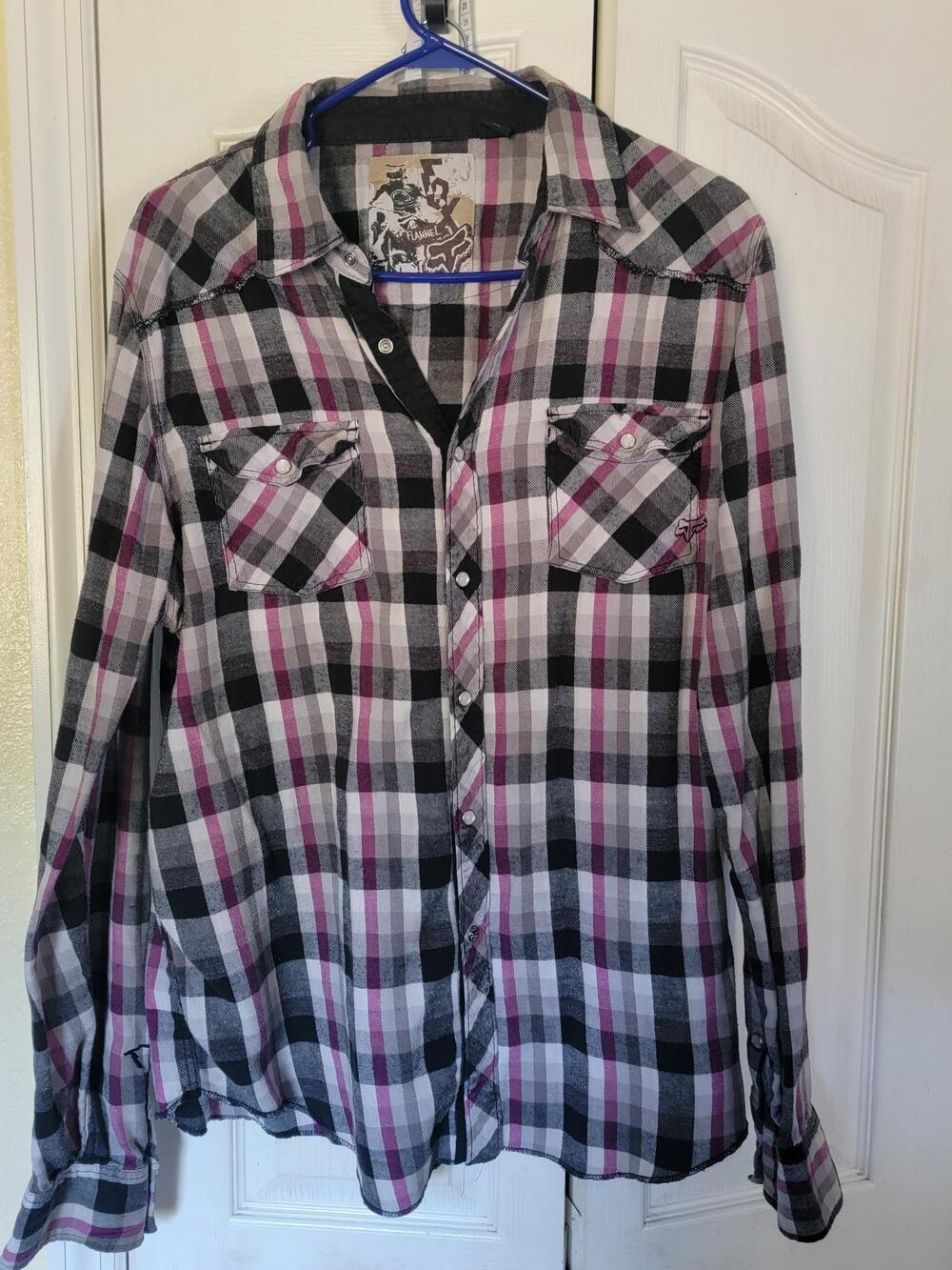 Fox Racing Women’s Flannel Shirt Black Pink White Pearl Snap Logo
